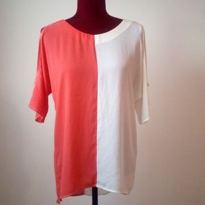 Two-Toned Coral/White Woman's Short Sleeve Blouse